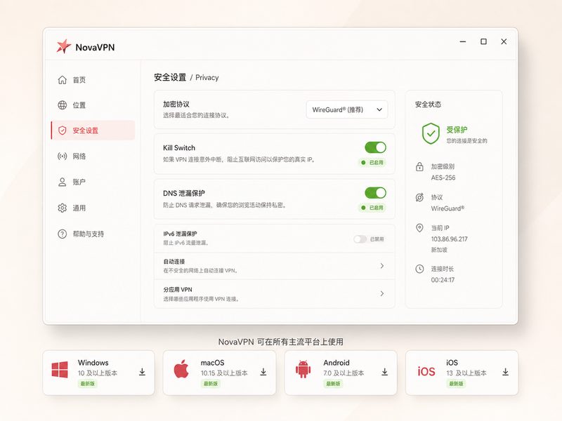 NovaVPN 坚若磐石的隐私防护设置面板，展示无日志政策与断网开关